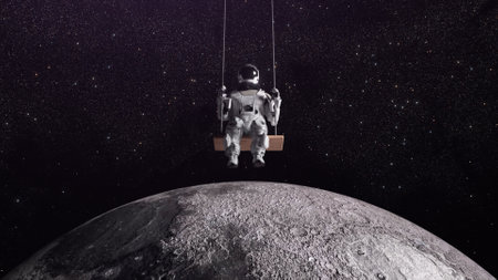 Astronaut swings on a rope swing in the open space. Moon below. Starry sky on background. 3d illustrationの写真素材