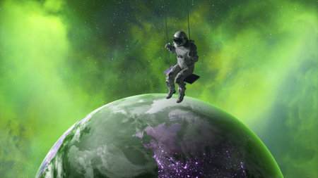 Space concept. Astronaut Swinging. Green neon clouds in the background. Cosmonaut isolated...
