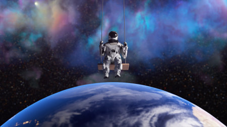 Abstract space concept. Astronaut on a swing. The earth is in the background. Blue neon color. 3d illustration.の写真素材