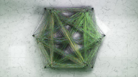 Top view of a crowd of dancing people connected by a transparent blue cobweb. Geometric figure....