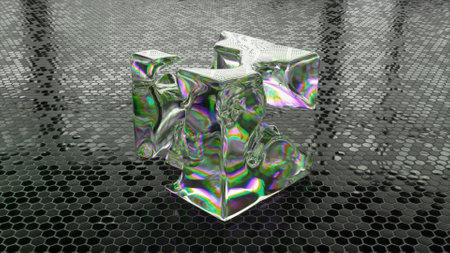 Liquid diamond cube appears and disappears against an abstract background. Rainbow. Matter transformation. Black tiles on the background. . High quality 3d illustrationの写真素材