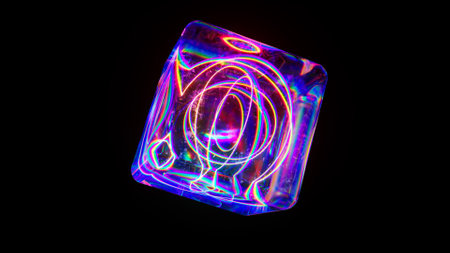 Blue transparent neon cube rotates on a black isolated background. Laser lines inside the cube create shapes. Kaleidoscope. Light refraction. High quality 3d illustrationの写真素材