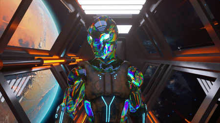 An alien walking on a spaceship close-up. Mars orbit. Neon diamond clothes. Space suit. Neon...