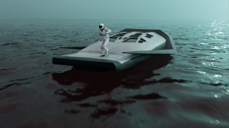 The concept of space exploration. An astronaut in a white spacesuit is dancing on a spaceship in the middle of the sea. Science fiction. High quality 3d illustrationの写真素材