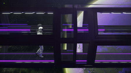 Technology and future concept. Astronaut walking in spaceship tunnel. Sci-fi shuttle corridor. Purple light. Moon. High quality 3d illustrationの写真素材