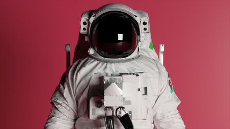 Astronaut's head close-up on a pink isolated background with changing lighting. Chroma key. Helmet....