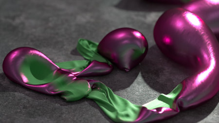 The concept of transformation. Large purple shiny metallic bubbles are inflated from a thin green strip. Advertising. High quality 3d illustrationの写真素材