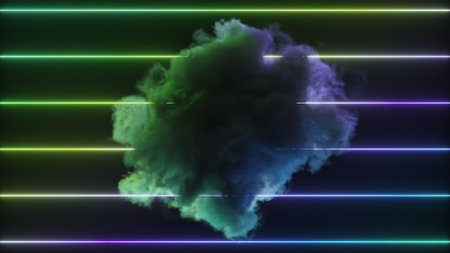 Abstract concept. Green blue cloud rotates against the background of colored neon lines. Gradient. Advertising. High quality 3d illustrationの写真素材