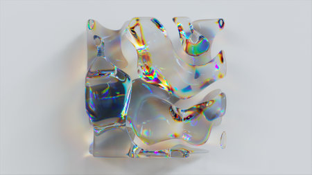 Liquid crystal square changes shape, disappears and reappears on a light abstract background....