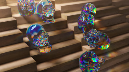 Abstract concept. The diamond skulls slide down the Light wood stairs. Rainbow. Transparent....