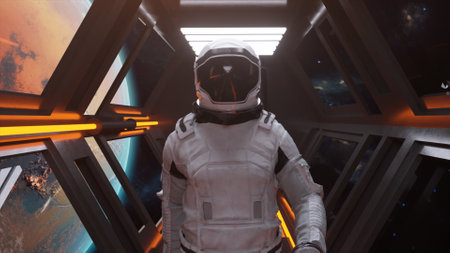Space concept. An astronaut walks through a futuristic spacecraft tunnel with the planet Mars in the...