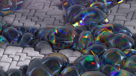 Abstract concept. Large iridescent bubbles inflate on a gray soft surface. Patterns Puzzle. Dark and light. High quality 3d illustrationの写真素材