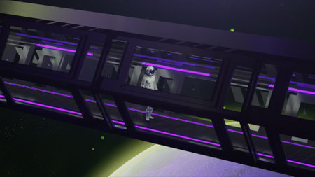 Space concept. Technology and future concept. Alone astronaut walking in a futuristic sci-fi...