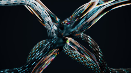Tangled wires, ropes and transparent tubes move randomly on a black background. Knot, ligament,...
