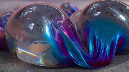Abstract concept. Large bubbles are inflated from a rainbow ribbon. Color refraction. Liquid. Rainbow. High quality 3d illustrationの写真素材