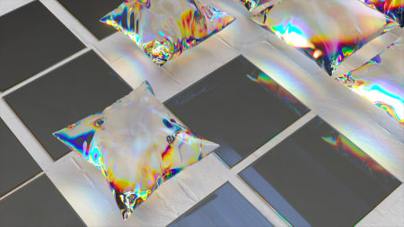 Diamond pillows are inflated from flat gray squares. Cushion. Glossy metallic color. Rainbow. 3d illustration. High quality 3d illustrationの写真素材