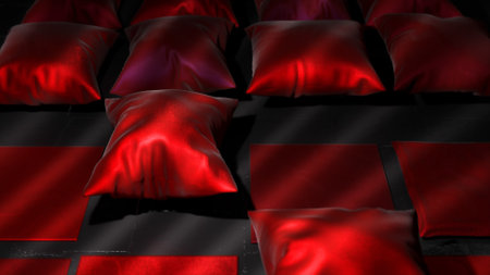 Red flat squares transform into inflatable pillows. Shadow on the floor. Flying over red satin pillows. High quality 3d illustrationの写真素材