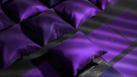 Violet flat squares transform into inflatable pillows. Shadow on the floor. Flying over red satin pillows. High quality 3d illustrationの写真素材