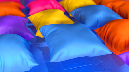 Close-up. Purple, yellow, orange, blue pillows inflate. Pillows float above the floor. 3d illustration. High quality 3d illustrationの写真素材