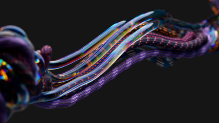Colored electronic wires and ropes are twisted on a black background. Close-up. Computer industry...