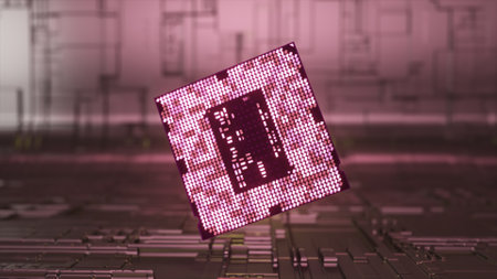 The microchip rotates above the floor. Pink neon light. Abstract background. Computer. Artificial...