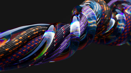 Abstract concept. Transparent tubes and ropes are twisted on a black isolated background. Knot,...