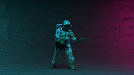 An astronaut plays the guitar in space. 3d animation of a seamless loop. Rock 'n' roll in space. Night club. High quality 3d illustrationの写真素材