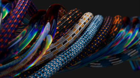 Abstract concept. Transparent tubes and ropes are twisted on a black isolated background. Knot, tie,...