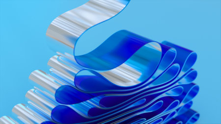 3D rendering of an abstract background. Transparent glossy glass tape lays down in layers. Curved wave in motion. High quality 3d illustrationの写真素材