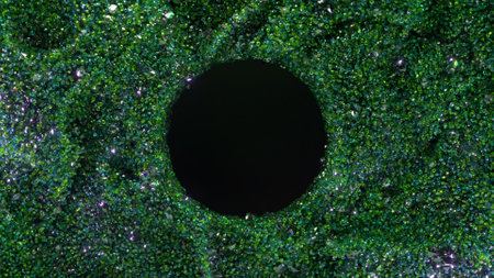 Abstract concept. Green particles move randomly around the black hole. Microalgae. Flora. Sea...