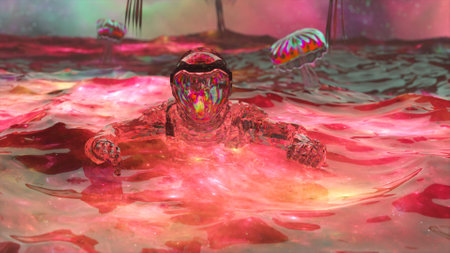 Diamond astronaut in ocean against the background of the starry sky. Diamond jellyfish fly. Red...