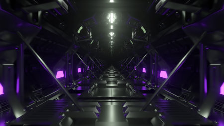 Flying down an endless dark corridor with purple neon lighting. Tunnel aboard the spacecraft. 3d illustration. High quality 3d illustrationの写真素材