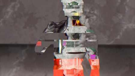 Abstract concept. Flashes of neon color on the marble sculpture of David. Red gray color. Glitch. 3d illustration. High quality 3d illustrationの写真素材