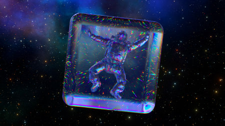 Ice cube rotates on Space Background. Diamond astronaut inside a transparent cube. Blue neon color. High quality 3d illustrationの写真素材