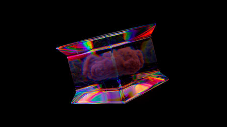 A gray cloud inside a glass rotating box. Black isolated background. Transparent cube. Rainbow color. High quality 3d illustrationの写真素材