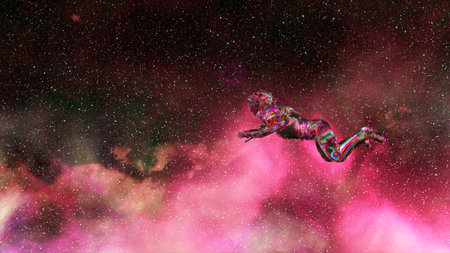Abstract space concept. Pink neon color. Diamond astronaut floats against the background of the...