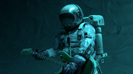 Space concept. Astronaut musician playing the guitar. Flashing neon green blue light. 3d illustration. High quality 3d illustrationの写真素材