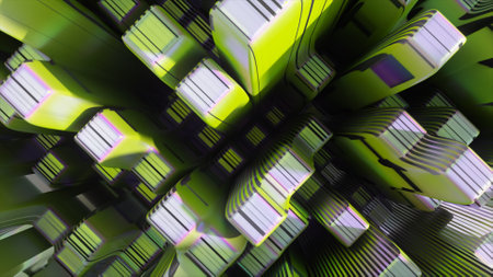 Top view of rectangular shapes. White green color. Close-up. Dark stripes appear on the pillars. Immersion. . High quality 3d illustrationの写真素材