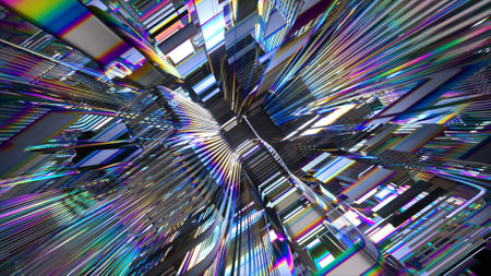 Refraction of light inside the diamond tunnel. Rainbow distortion refraction swirl leaks overlay background wallpaper. High quality 3d illustrationの写真素材
