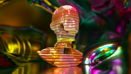 Visualization of artificial intelligence. The moving parts of the head rotate. Changes color. Metal and plastic. High quality 3d illustrationの写真素材