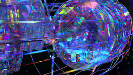 A diamond spaceship in the middle of outer space. Science fiction. Galaxy. Blue neon color. High...