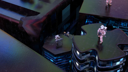 A musical group of astronauts on rising platforms. Black marble, blue neon light. 3d illustration. High quality 3d illustrationの写真素材