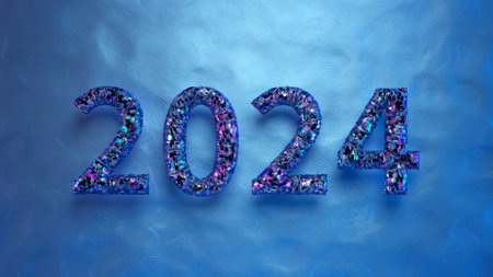 Sparkling numbers 2024 in luxurious glitter on a cool blue textured background, symbolizing celebration and futuristic themes, 3D illustrationの写真素材