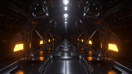 Abstract futuristic technology tunnel. Modern technologies. Neon lights. 3d illustration. High quality 3d illustrationの写真素材