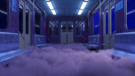 Mysterious subway carriage engulfed in a foggy haze, 3D illustration