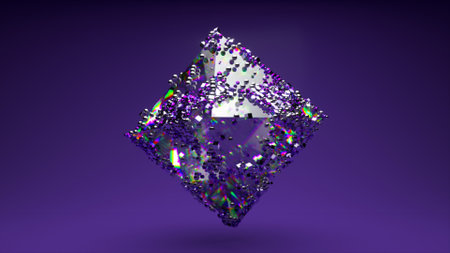 The crystal figure rotates. Small particles slide over the surface. Refraction light in the facets of a precious stone. High quality 3d illustrationの写真素材