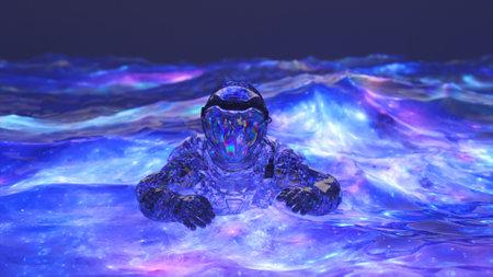 Space concept. Diamond astronaut swims in the ocean with blue neon water. Waves. 3d illustration....