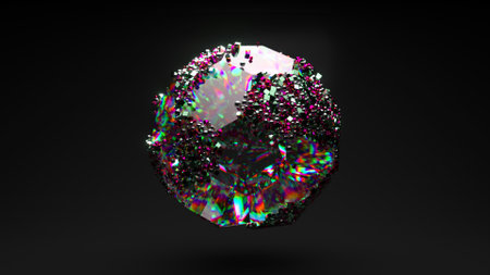 Crystal polyhedral sphere rotates. Diamond particles are attracted to the surface of the figure and move along it. High quality 3d illustrationの写真素材