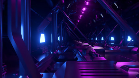 Neon tunnel on the big bridge. Spaceship in space. Blue purple light. 3d illustration. High quality 3d illustrationの写真素材