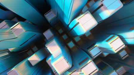 Abstract city. White blue color. Top view of rectangular shapes. Close-up. Dark stripes appear on the pillars. Immersion. High quality 3d illustrationの写真素材